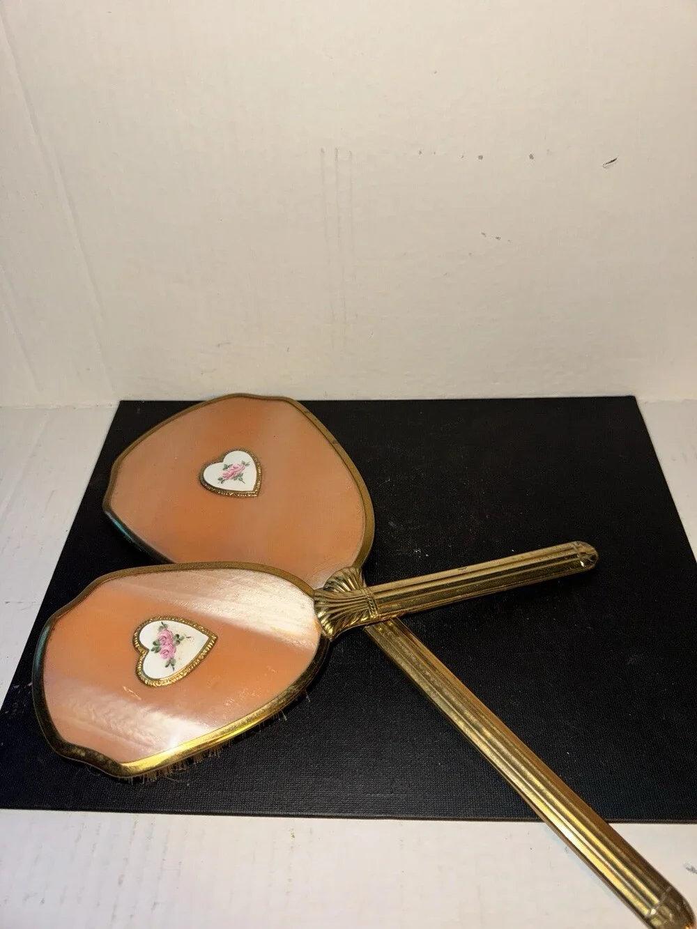 Vintage Peach Vanity Set Hand Mirror Hair Brush Floral Heart Gold Tone